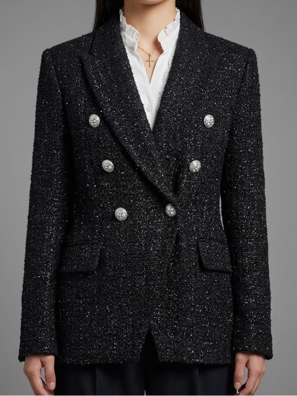 Metallic Thread Tweed Double-Breasted Blazer with Crystal Buttons